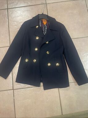Tory Burch Navy Double-Breasted Peacoat with Gold Buttons